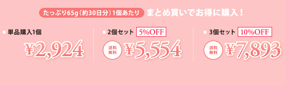 たっぷり65g（約30日分）1個あたりまとめ買いでお得に購入！ 単品購入1個¥2,924 2個セット¥5,554 3個セット¥7,893
